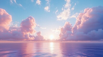 Poster - A breathtaking sunrise emerges over a calm ocean, painting the sky with soft shades of pink and orange. Gentle waves shimmer as clouds hover gracefully, creating a peaceful atmosphere