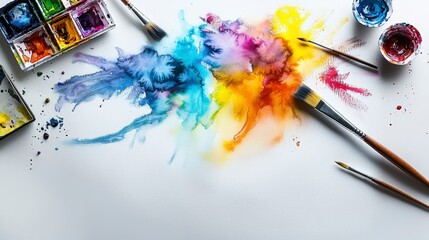 Poster - Artistic expression watercolor painting in progress studio setting creative process top-down view colorful palette