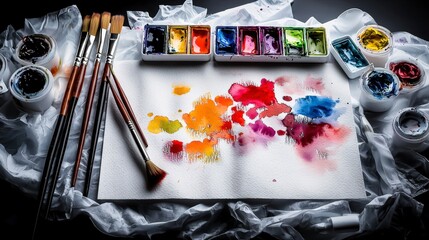 Poster - Artistic expression watercolor painting in progress studio creative process bright colors overhead view crafting beauty