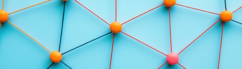 Poster - A vibrant geometric pattern featuring colored spheres connected by rubber bands against a soft blue background.