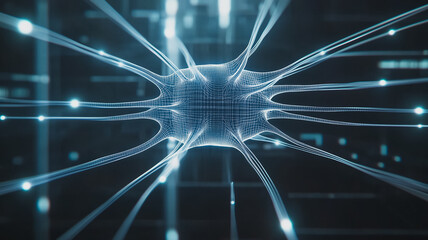Poster - Neural Network Abstract: A mesmerizing abstract representation of a neuron, a fundamental building block of the brain, with intricate connections and pathways.