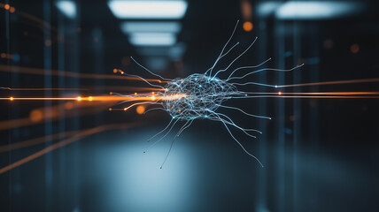 Poster - Digital Neural Network: An intricate, wireframe rendering of a neural network, illuminated by vibrant light beams.