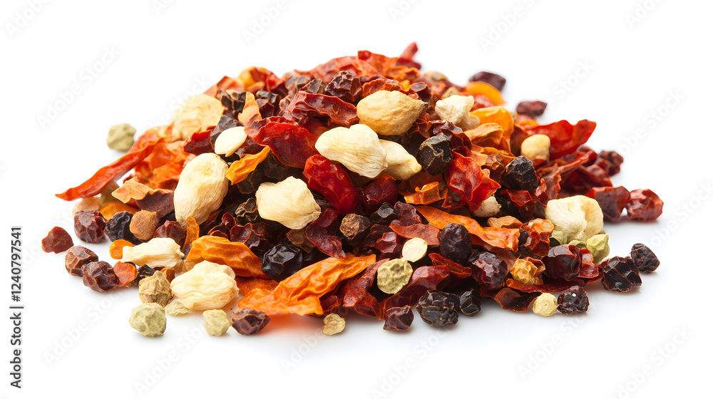 A mix of various dried chili peppers, showcasing their fiery color and