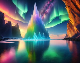 Wall Mural - a surreal landscape with towering cliffs made of translucent crystal casting colorful reflections ac