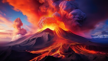 Wall Mural - an artistic depiction of a powerful eruption with intense hues of red orange purple and black smoke