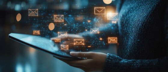 Aufkleber - Email spam alert concept with a person interacting with a tablet screen, showing warning symbols and blocked messages