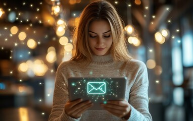Poster - Businesswoman engaging with a tablet screen showing an email warning icon, representing the importance of email security and caution
