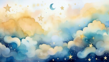 Wall Mural - watercolor painting of clouds stars and a moon pattern in light blue beige and yellow pastel colors 