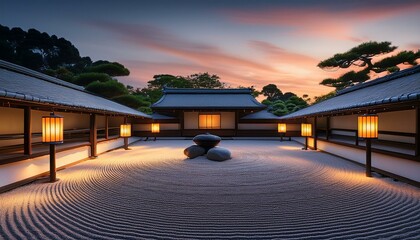 Wall Mural - a zen garden at dusk illuminated by soft warm lights from lanterns the raked gravel contrasts with t