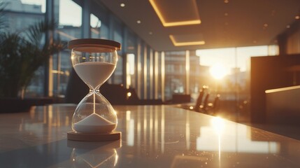 Fototapete - Sunlight streaming through large windows creates a serene atmosphere as an hourglass sits gracefully on a polished surface, symbolizing the passage of time in a contemporary setting