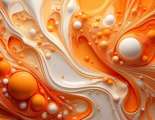 Wall Mural - abstract orange and white marbled texture created with oil paint drops floating on water forming organic cell like patterns and smooth gradients