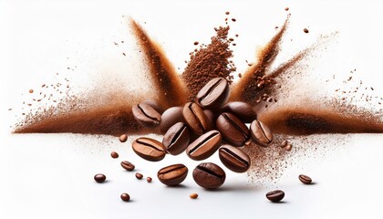 Wall Mural - coffee beans and powder explosion isolated on white background