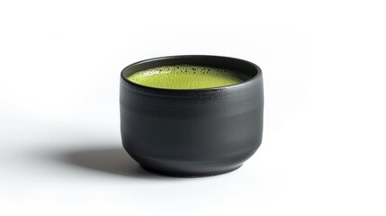 Cup with fresh matcha tea with bubbles on white background