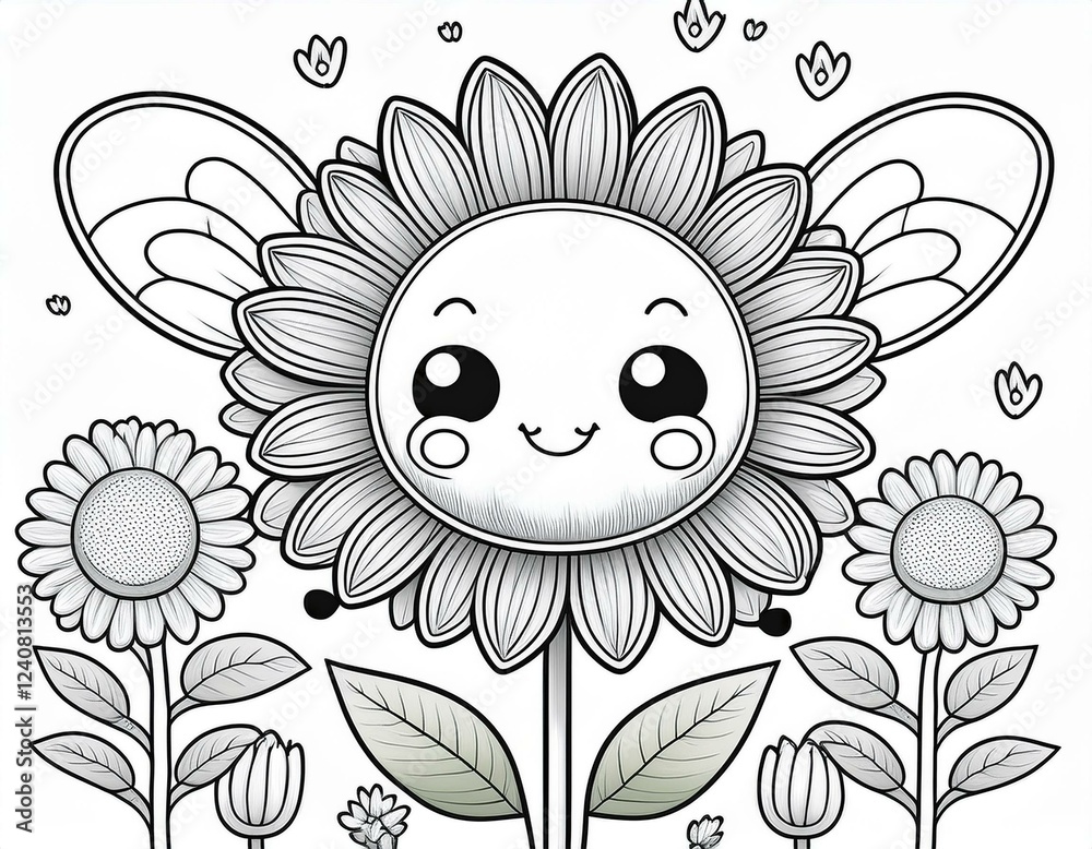 cute kawaii cartoon character bee on a sunflower coloring page ...