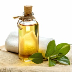 Wall Mural - Essential oil bottle, green leaves, and white towel resting on burlap create a tranquil spa setting, promoting wellness and relaxation