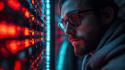 Cybersecurity Expert Analyzing Digital Data Network System Server Room Code Code Hacker Future      