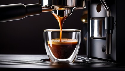 Wall Mural - close up of rich espresso pouring into a glass from a modern coffee machine on a black background