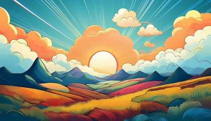 Wall Mural - cartoon landscape illustration with sun cloud hills