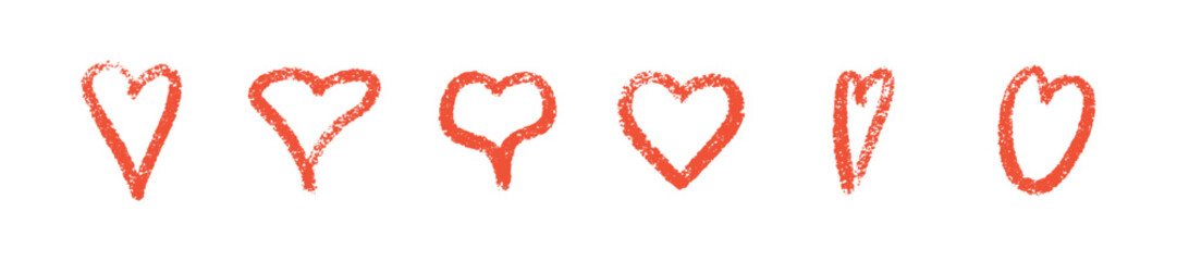 Poster - Crayon heart collection in coral red color - elongated, symmetric, stemmed shapes. Hand drawn outlined romantic symbols with chalk textured edges for Valentine day decorative elements.