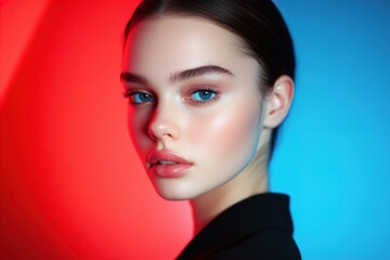 Wall Mural - Close-up of a young Caucasian woman with striking blue eyes and flawless skin, set against a red and blue background. Colorful Glow, Dual-Tone Studio Lighting