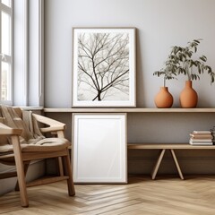 Poster - elegant mockup poster frame with minimalistic tree design in modern interior setting featuring soft 