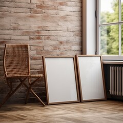 Poster - cozy interior arrangement featuring empty frames on a wooden floor beside a wicker chair in a bright