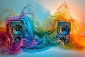 Poster - Two speakers are playing music with colorful fabric flowing around them, creating a vibrant and artistic scene
