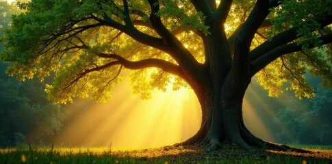 Wall Mural - Golden rays pierce through the canopy, illuminating a majestic tree , sunlight, plant, wilderness