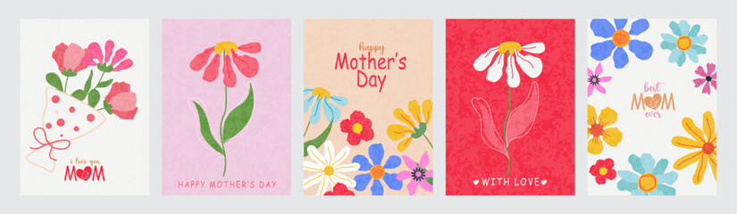 Mother's Day Greeting card set, banner, poster, flyer, label or cover with flowers frame, abstract floral pattern art style. Spring summer bright abstract floral design template for ads promo
