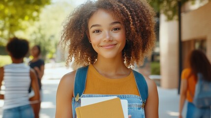 Poster - A cheerful student with notebooks, posing confidently with friends on a university campus walkway