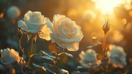 Poster - In a peaceful garden, enchanting white roses bloom under the warm golden light of sunset. Soft rays create a magical ambiance, highlighting the petals and surrounding buds