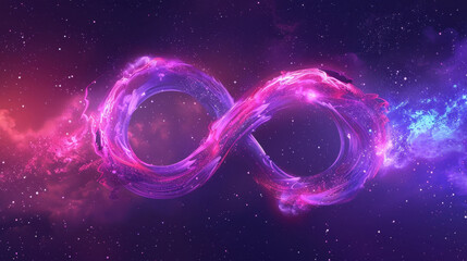 Poster - vibrant infinity symbol in cosmic background, featuring swirling pink and purple hues, representing endless possibilities and beauty of universe