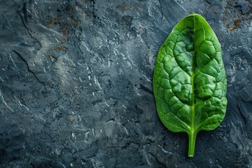 Poster - Vibrant spinach leaf on textured dark stone surface, creating a healthy food concept with ample copy space
