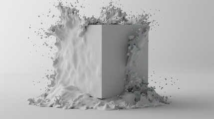 Wall Mural - white cube surrounded by splashes of liquid, creating dynamic visual effect. scene conveys sense of motion and fluidity, emphasizing contrast between solid shape and flowing liquid