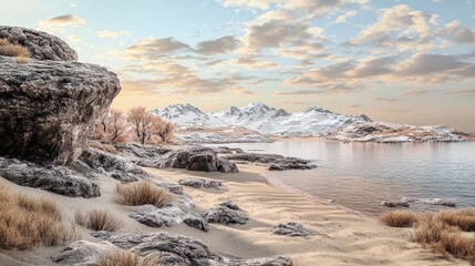 Wall Mural - The golden coastline ocean are crowned with snow, meeting the golden shores of the ocean