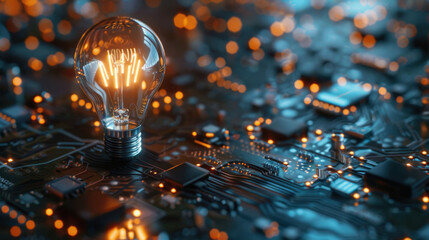 Poster - glowing light bulb on circuit board, symbolizing innovation and technology. intricate details of circuitry and warm lights create captivating atmosphere