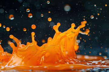 Poster - Orange liquid splashing and making a crown shape with drops on a dark background