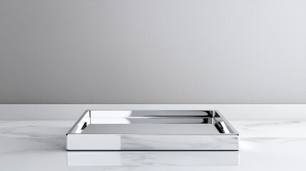 Wall Mural - Silver tray on marble surface, minimalist background, product display