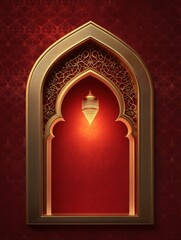 Aufkleber - Ornate Golden Arch with Intricate Red Background and Hanging Lantern