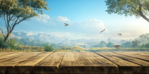 Aufkleber - Peaceful Summer Landscape with Wooden Table overlooking a Serene Field and Distant Mountains