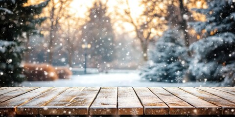 Aufkleber - Peaceful Winter Scene with Wooden Table and Falling Snowflakes