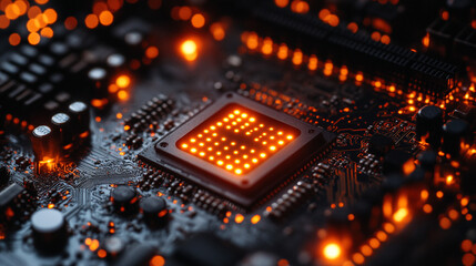 Poster - Closeup of illuminated circuit board digital technology glowing orange modern processor LED Macro   