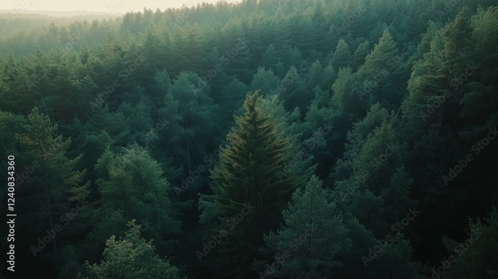 Aerial view of a dense forest with tall trees, green vegetation, and ...