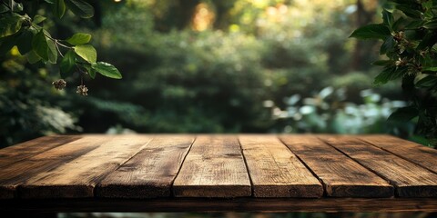 Poster - Rustic Wooden Table in a Lush Green Forest Setting