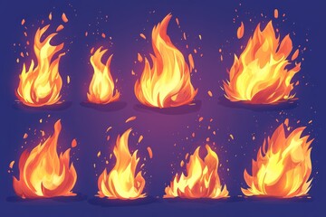Aufkleber - Various flame designs created with bright colors and dynamic shapes on a dark background showcase fire's vibrant movement and energy