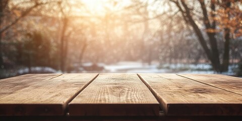 Poster - Rustic Wooden Table in Snowy Winter Forest with Warm Sunlight