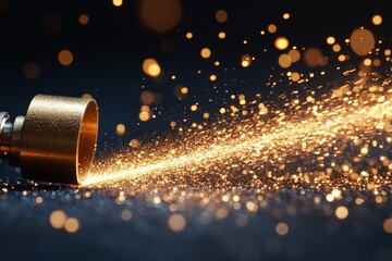 Poster - Sparkling golden particles burst from a nozzle in a dark environment creating a mesmerizing display of light