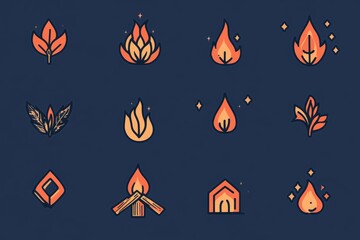 Poster - Vibrant collection of fire and leaf icons in various designs and styles on a dark background