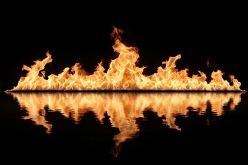 Leinwandbilder - Dynamic flames reflect on calm water surface at night creating an enchanting visual experience