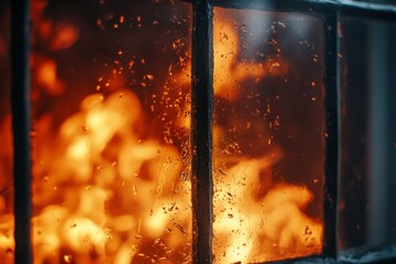 Leinwandbilder - Flames dance behind a wet window in a cozy setting during an evening